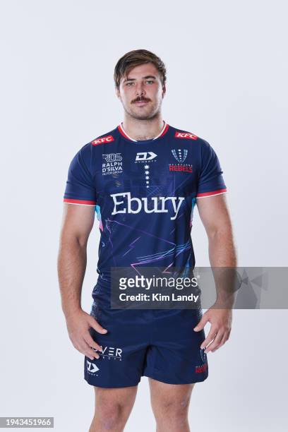 Ethan Dobbins during a Melbourne Rebels 2024 Super Rugby Headshots Session on January 17, 2024 in Melbourne, Australia.