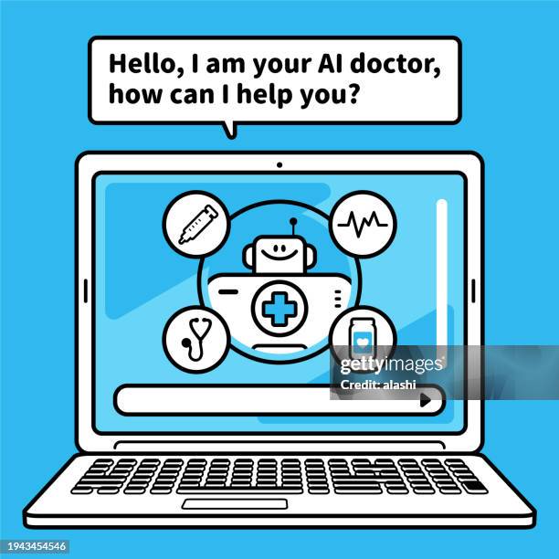 virtual medical consultation, an artificial intelligence robot doctor appears on the laptop computer screen and greets you - electronic-medical-record-icon stock illustrations