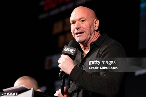 Dana White is seen on stage during the UFC 297 press conference at The Elgin and Winter Garden Theatre Centre on January 18, 2024 in Toronto, Ontario.
