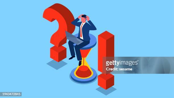 a countdown, a set amount of time to make a decision or solve a problem, and an isometric tangle of businessmen sitting on an hourglass between a question mark and an exclamation point - financial analyst stock illustrations