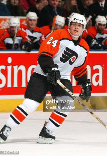 Sami Kapanen of the Philadelphia Flyers skates against the Toronto Maple Leafs during NHL game action on January 17, 2004 at Air Canada Centre in...