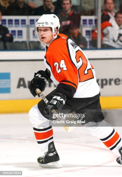 Sami Kapanen of the Philadelphia Flyers skates against the Toronto Maple Leafs during NHL game action on January 17, 2004 at Air Canada Centre in...