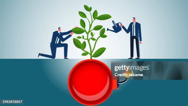 planting seeds of danger, huge traps, dangers or hidden dangers, two businessmen slowing down the seedlings of bombs in the ground - hidden danger stock illustrations