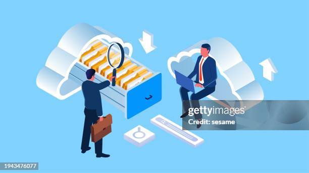 file management, file search, data file backup and cloud storage, cloud computing, cloud work, etc. distance traders search for files and work on computers in the cloud - computer file stock illustrations