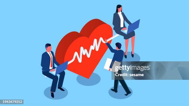 healthy work & lifestyle, business insurance, health insurance, isometric businessman sitting on the pulse of his heart - stress test stock illustrations