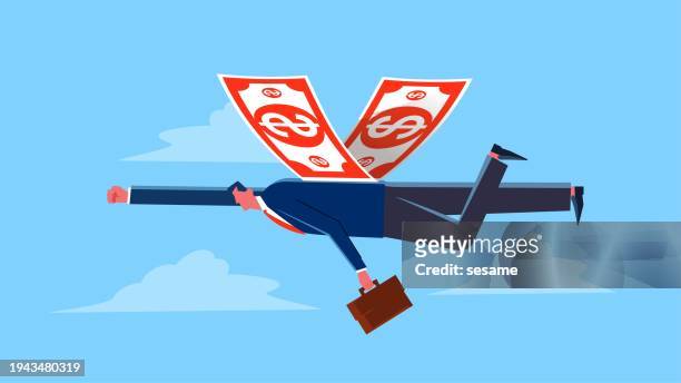 the desire and pursuit of money, focus on business or career, investment and finance, business growth ideas, businessmen with money wings flying through the air and moving forward - weakness stock illustrations