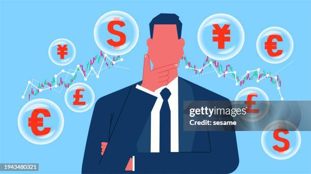 how to invest and make money, global economic analysis, thinking and analyzing about investing, financial money expert, businessman sits and analyzes global currencies in a bubble - financial analyst stock illustrations