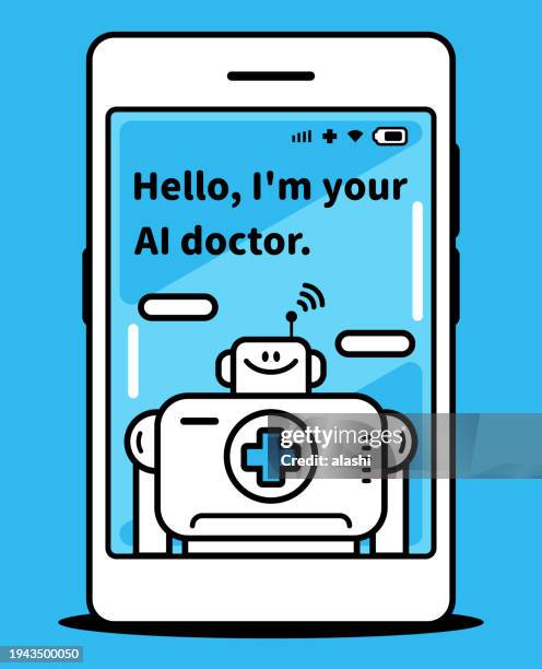 virtual medical consultation, an artificial intelligence robot doctor appears on the smartphone screen and greets you - personalized medicine stock illustrations