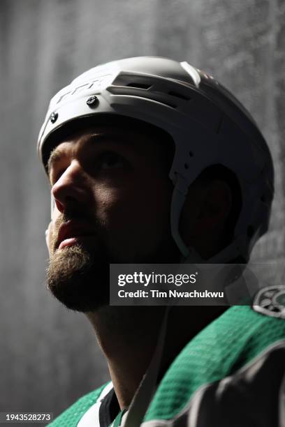 Jamie Benn of the Dallas Stars looks on before playing against the Philadelphia Flyers at the Wells Fargo Center on January 18, 2024 in Philadelphia,...