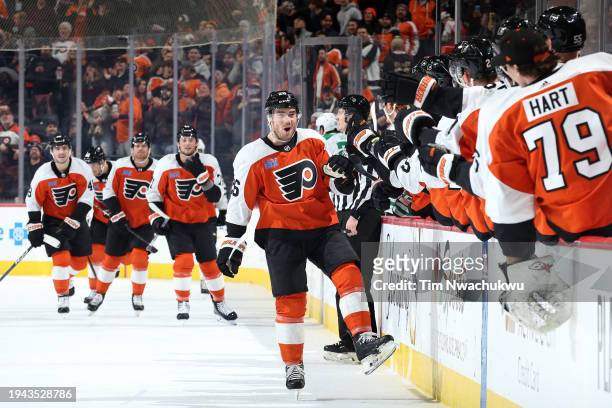Sean Walker of the Philadelphia Flyers reacts after scoring during the first period against the Dallas Stars at the Wells Fargo Center on January 18,...