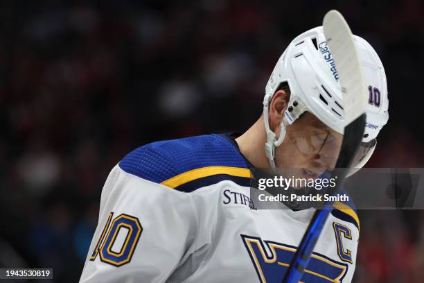 Brayden Schenn of the St. Louis Blues reacts against the Washington Capitals during the first period at Capital One Arena on January 18, 2024 in...