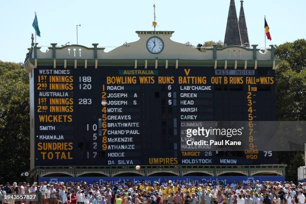 General view is seen of the scoreboard during day three of the Mens Test match series between Australia and West Indies at Adelaide Oval on January...