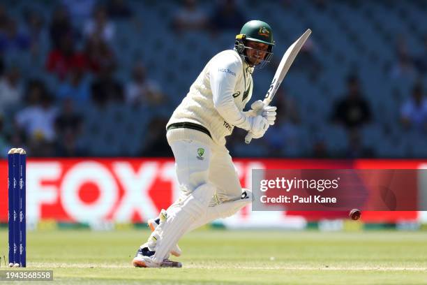 Usman Khawaja of Australia bats during day three of the Mens Test match series between Australia and West Indies at Adelaide Oval on January 19, 2024...