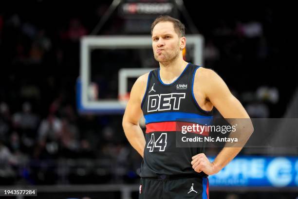 Bojan Bogdanovic of the Detroit Pistons looks on against the Minnesota Timberwolves at Little Caesars Arena on January 17, 2024 in Detroit, Michigan....