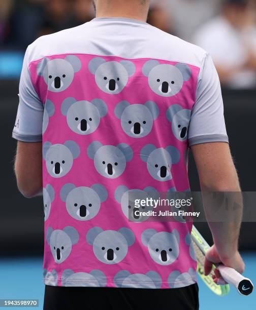 Shirt detail of Ariel Behar of Uruguay as he competes in his round two doubles match with Adam Pavlasek of the Czech Republic against Jamie Murray of...