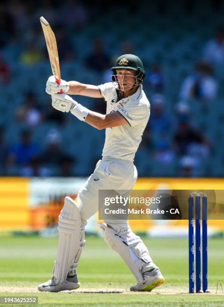 Marnus Labuschagne of Australia bats during day three of the Mens Test match series between Australia and West Indies at Adelaide Oval on January 19,...