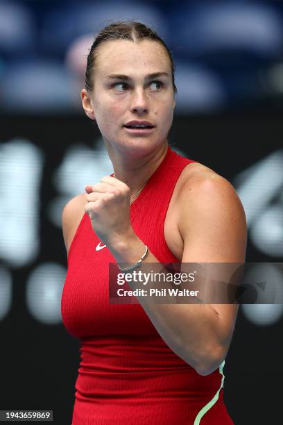 Aryna Sabalenka celebrates match point in their round three singles match against Lesia Tsurenko of Ukraine during the 2024 Australian Open at...