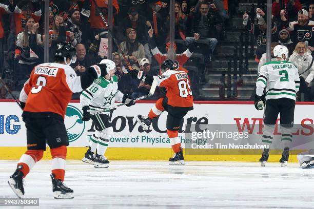 Cam Atkinson of the Philadelphia Flyers reacts after scoring during the third period against the Dallas Stars at the Wells Fargo Center on January...