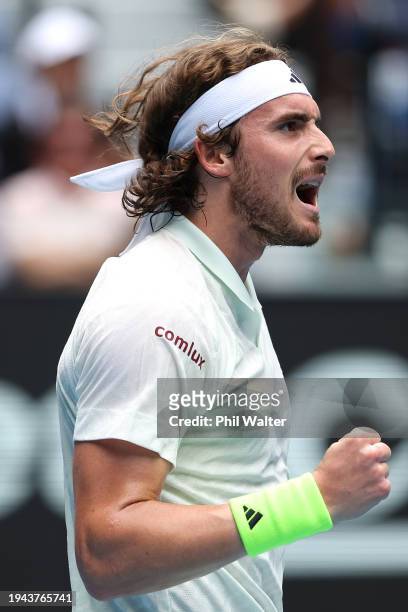 Stefanos Tsitsipas of Greece celebrates a point in their round three singles match against Luca Van Assche of France during the 2024 Australian Open...