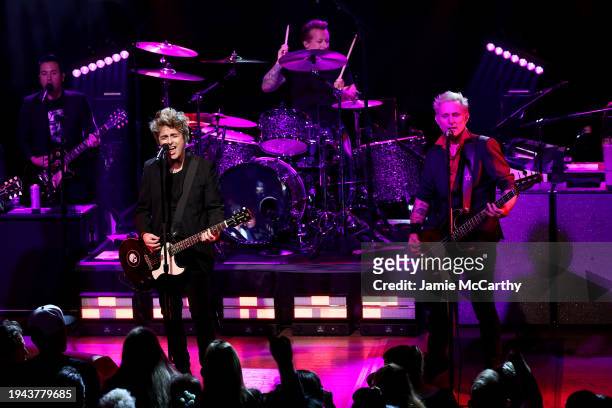 Billie Joe Armstrong, Tré Cool, and Mike Dirnt of Green Day perform for SiriusXM's Small Stage Series at Irving Plaza on January 18, 2024 in New York...