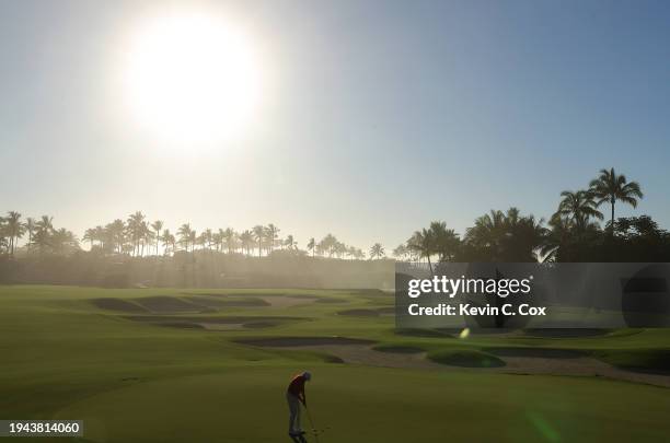 Steve Stricker of the United States putts on the 18th hole during the first round of the Mitsubishi Electric Championship at Hualalai Golf Club on...