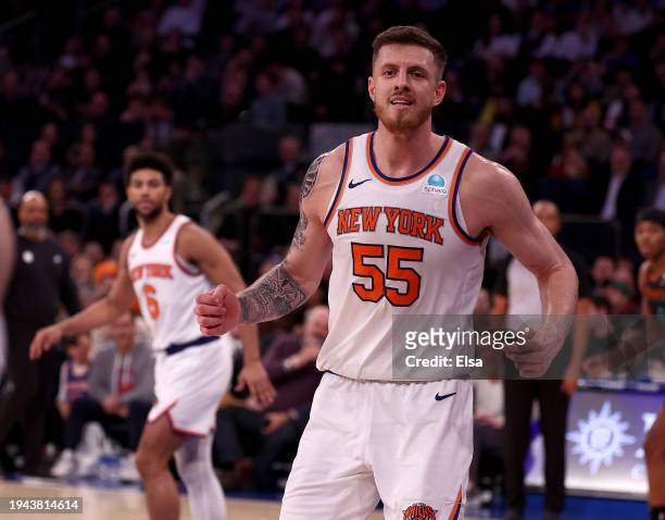 Isaiah Hartenstein of the New York Knicks celebrates his blocked shot in the third quarter against the Washington Wizards at Madison Square Garden on...