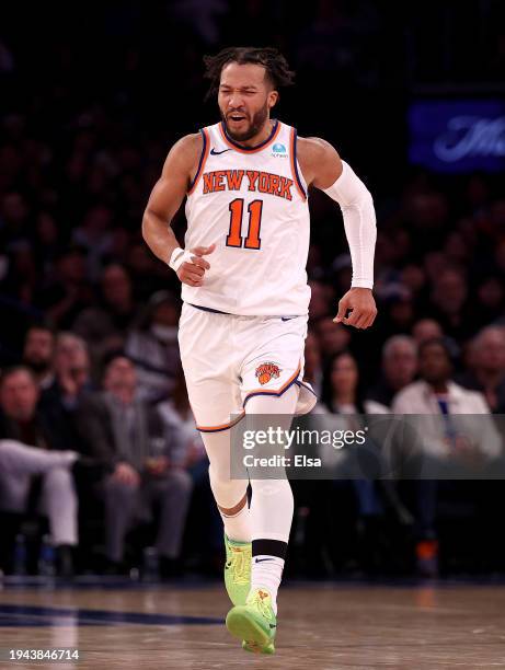 Jalen Brunson of the New York Knicks reacts in the fourth quarter against the Washington Wizards at Madison Square Garden on January 18, 2024 in New...