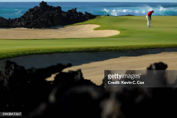 Steve Stricker of the United States putts on the 17th green during the first round of the Mitsubishi Electric Championship at Hualalai Golf Club on...