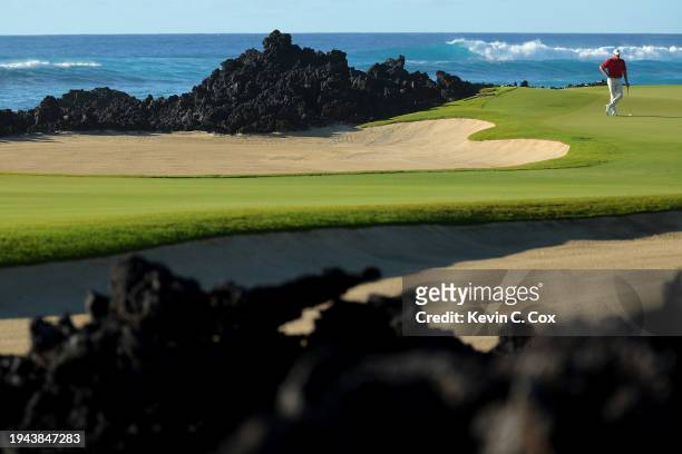 Steve Stricker of the United States standson the 17th green during the first round of the Mitsubishi Electric Championship at Hualalai Golf Club on...