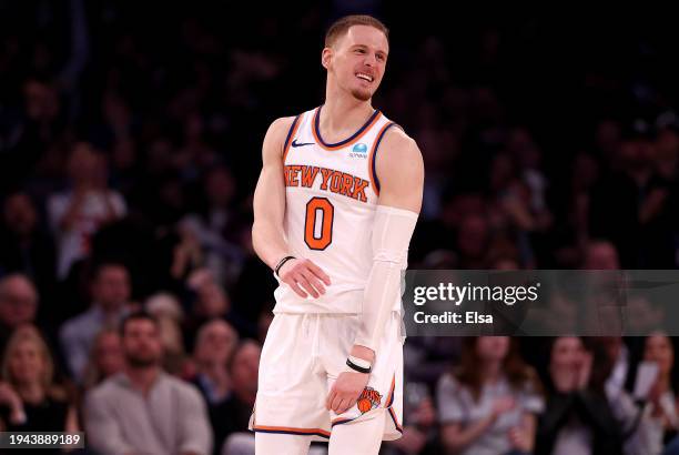 Donte DiVincenzo of the New York Knicks reacts in the fourth quarter against the Washington Wizards at Madison Square Garden on January 18, 2024 in...