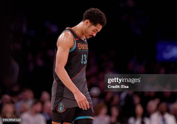 Jordan Poole of the Washington Wizards walks off the court after the loss to the New York Knicks at Madison Square Garden on January 18, 2024 in New...