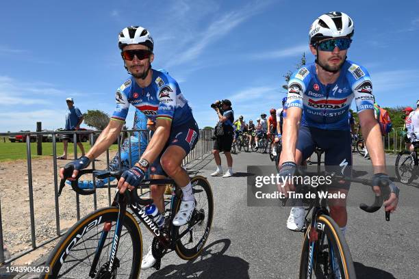 Julian Alaphilippe of France and Antoine Huby of France and Team Soudal Quick-Step react after the 24th Santos Tour Down Under 2024, Stage 4 a...