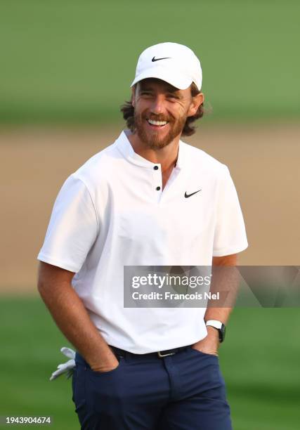 Tommy Fleetwood of England reacts as he walks on the 10th fairway during Round Two of the Hero Dubai Desert Classic at Emirates Golf Club on January...