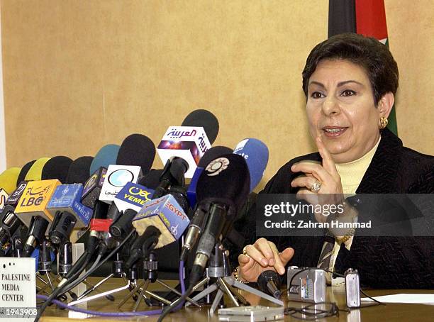 Hanan Ashrawi, a member of the Palestinian legislative council, speaks during a news conference about the Palestinian government's deadlock between...