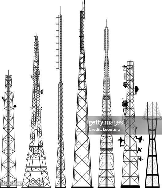 highly detailed tower silhouettes telecom - transmission tower stock illustrations