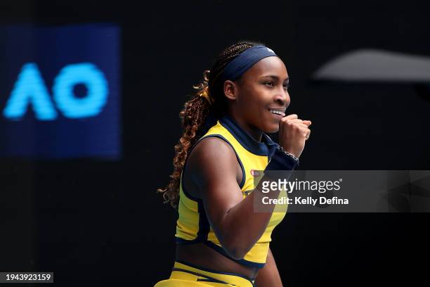 Coco Gauff of the United States celebrates match point in their round three singles match against Alycia Parks of the United States during the 2024...