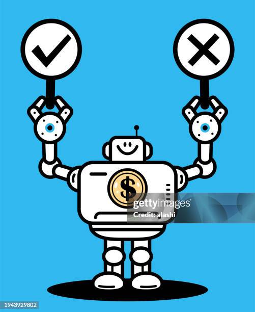 an ai financial analyst robot holding right and wrong signs, true-false questions, and yes-no questions - financial analyst stock illustrations
