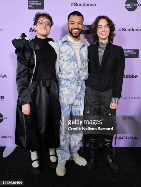 Jane Schoenbrun, Justice Smith and Brigette Lundy-Paine attend the "I Saw The TV Glow" Premiere during the 2024 Sundance Film Festival at Library...
