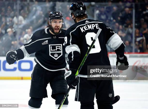 Drew Doughty of the Los Angeles Kings celebrates a goal against the Nashville Predators in the second period at Crypto.com Arena on January 18, 2024...