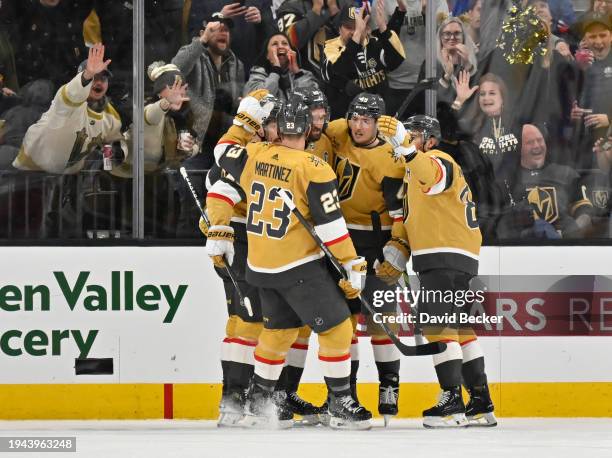 Ivan Barbashev of the Vegas Golden Knights celebrates with teammates after a goal during the second period against the New York Rangers at T-Mobile...