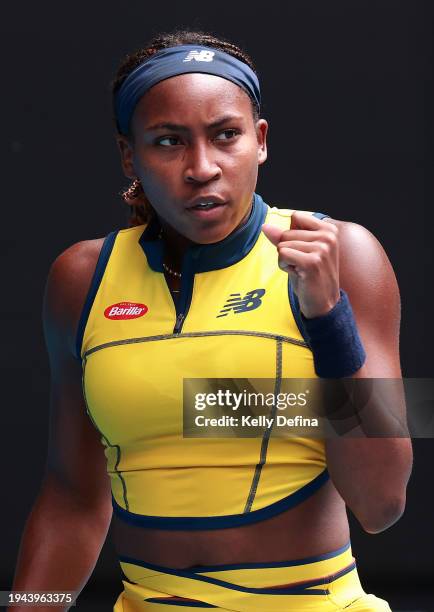 Coco Gauff of the United States celebrates a point in their round three singles match against Alycia Parks of the United States during the 2024...