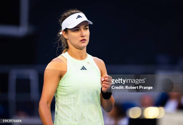 Anna Kalinskaya reacts during her match against Jasmine Paolini of Italy in the fourth round on Day 9 of the 2024 Australian Open at Melbourne Park...