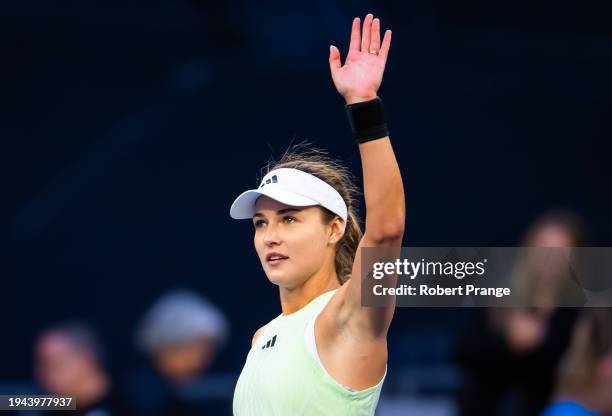 Anna Kalinskaya celebrates defeating Jasmine Paolini of Italy in the fourth round on Day 9 of the 2024 Australian Open at Melbourne Park on January...