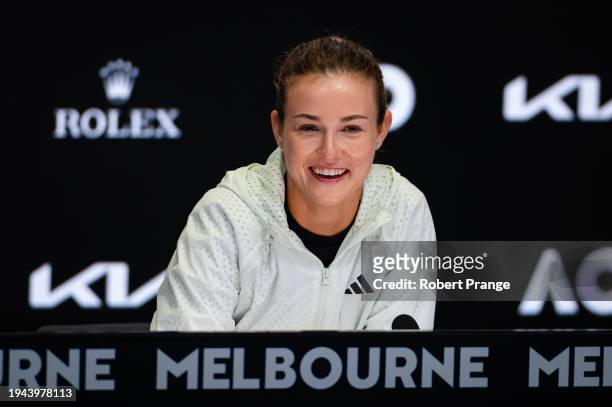 Anna Kalinskaya talks to the media after defeating Jasmine Paolini of Italy in the fourth round on Day 9 of the 2024 Australian Open at Melbourne...