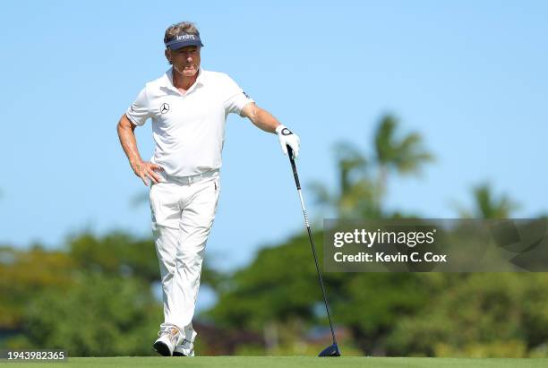 Bernhard Langer of Germany waits to tee off the second hole during the first round of the Mitsubishi Electric Championship at Hualalai Golf Club on...