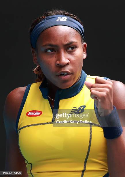 Coco Gauff of the United States celebrates a point in their round three singles match against Alycia Parks of the United States during the 2024...