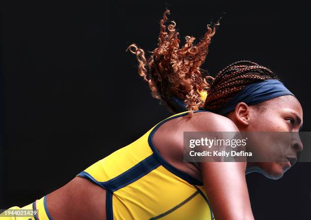 Coco Gauff of the United States serves in their round three singles match against Alycia Parks of the United States during the 2024 Australian Open...