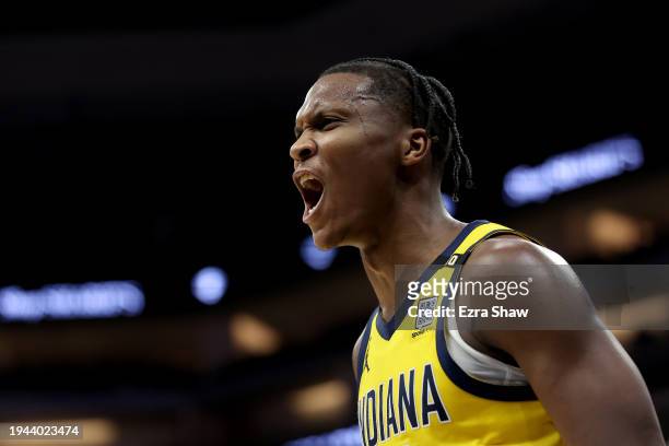 Bennedict Mathurin of the Indiana Pacers reacts after he blocked a shot taken by Keegan Murray of the Sacramento Kings in the second half at Golden 1...