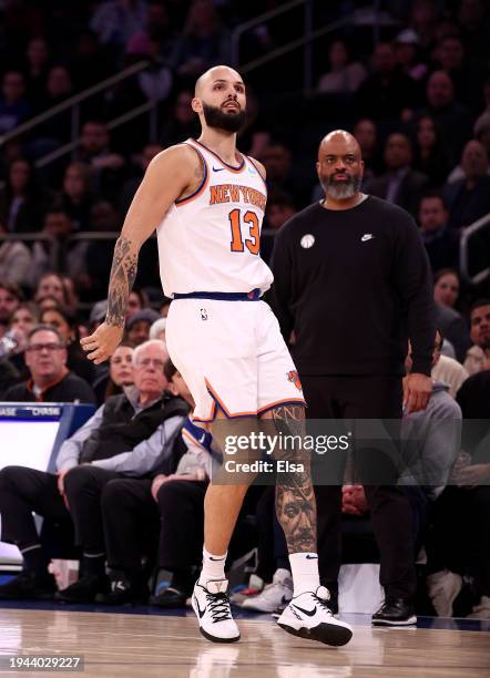 Evan Fournier of the New York Knicks watches his shot in the first half against the Washington Wizards at Madison Square Garden on January 18, 2024...