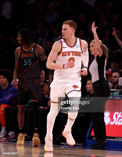 Donte DiVincenzo of the New York Knicks celebrates his three point shot against the Washington Wizards at Madison Square Garden on January 18, 2024...